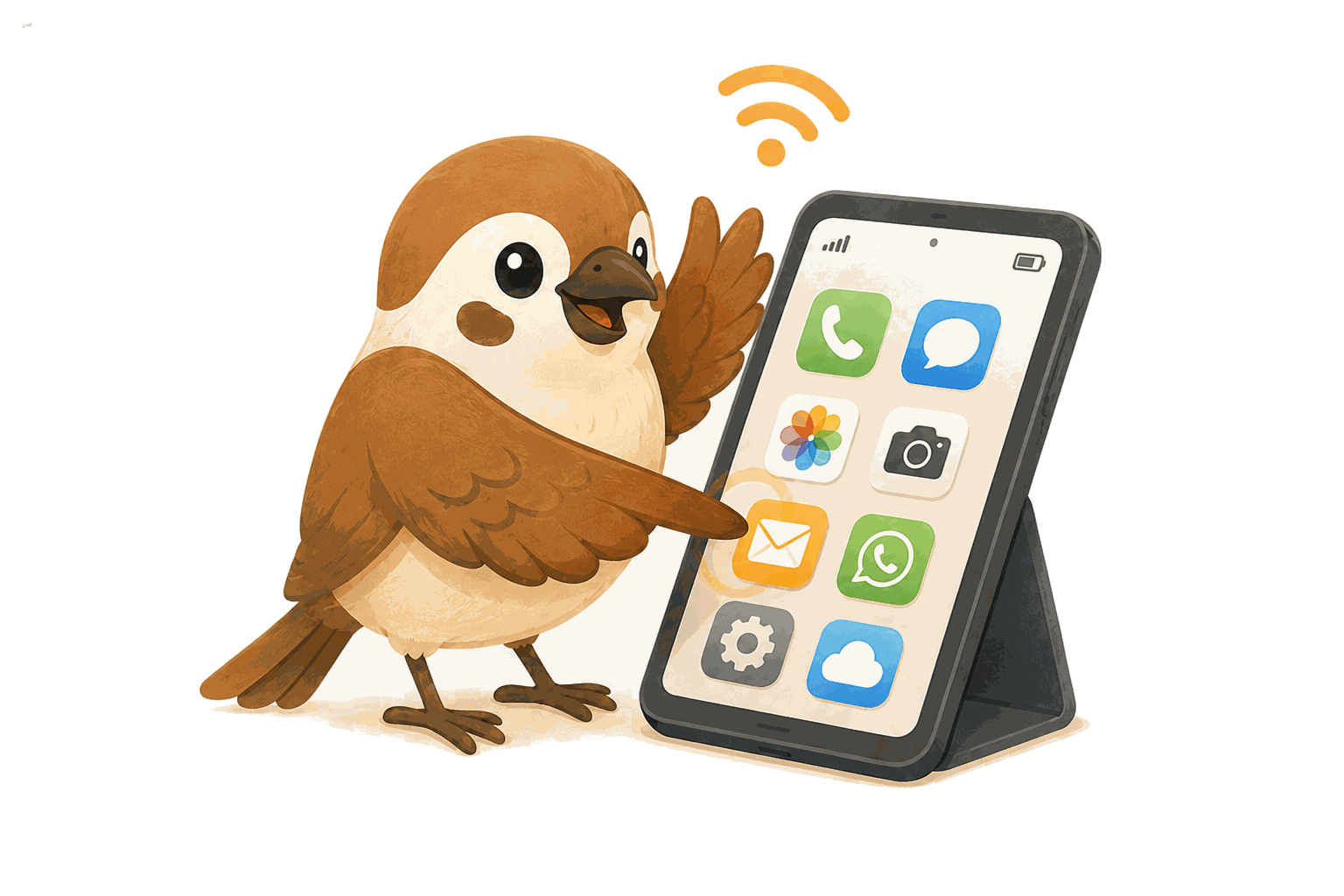 Technikspatz mit Handy und Tablet