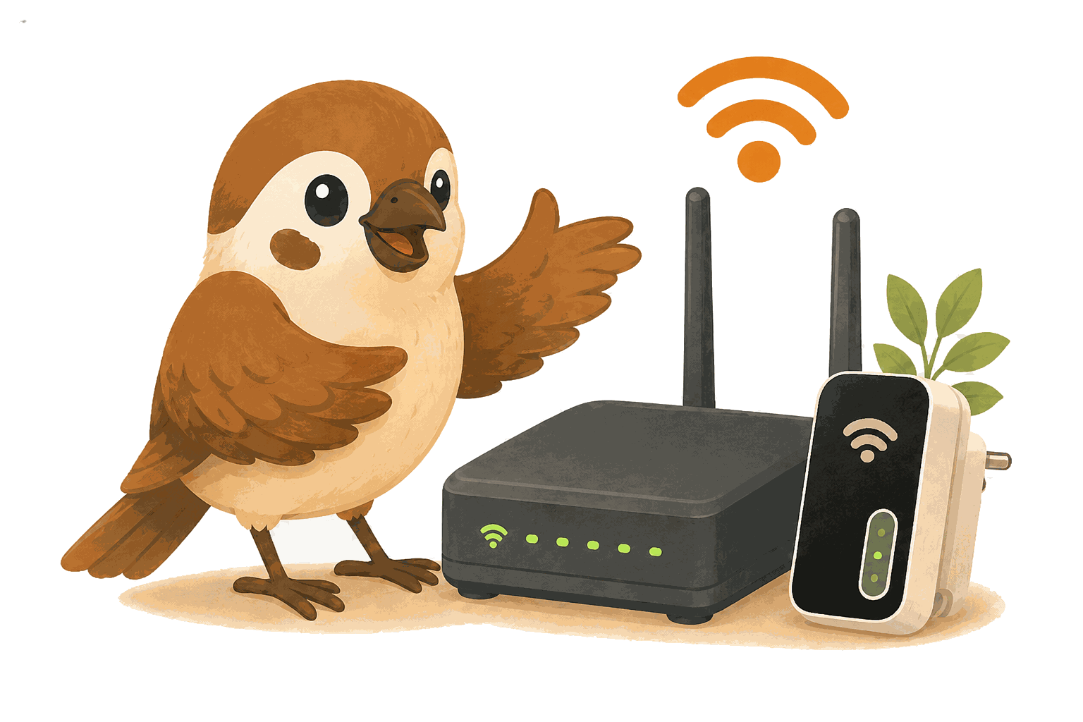 Technikspatz mit Router und WLAN-Geräten